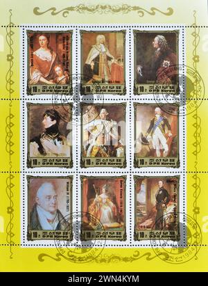 Bloc-feuillet avec timbres oblitérés imprimés par la Corée du Nord, qui montrent des Portraits de dirigeants européens, vers 1984. Banque D'Images