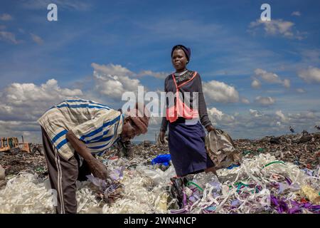 Les collecteurs de déchets récupèrent les produits recyclables à la décharge. Le bidonville de Dandora abrite l'une des plus grandes et des plus connues décharges de Dandora. Le site de 30 acres avec une estimation de 850 déchets solides générant de partout à Nairobi a été fondé en 1975. Chaque minute, les récupérateurs de déchets sur le site déchargent les déchets de différents camions arrivant sur le site. Les ramasseurs de déchets qui sont également résidents de différentes parties de la région dépendent de la décharge comme source de revenus grâce au recyclage des déchets tels que les déchets plastiques, les bouteilles en verre et les produits mentaux. Mais brûler des déchets sur le site le Banque D'Images