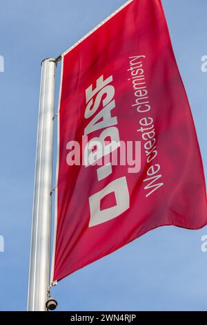 Février 2024 : drapeau BASF à l'entrée de l'usine principale de Ludwigshafen am Rhein Banque D'Images