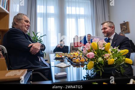 Prague, République tchèque. 29 février 2024. L'ancien président tchèque Milos Zeman (à gauche) rencontre le président du Parlement slovaque et candidat à la présidence Peter Pellegrini à Prague, en République tchèque, le 29 février 2024. Crédit : Michaela Rihova/CTK photo/Alamy Live News Banque D'Images