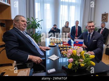 Prague, République tchèque. 29 février 2024. L'ancien président tchèque Milos Zeman (à gauche) rencontre le président du Parlement slovaque et candidat à la présidence Peter Pellegrini à Prague, en République tchèque, le 29 février 2024. Crédit : Michaela Rihova/CTK photo/Alamy Live News Banque D'Images