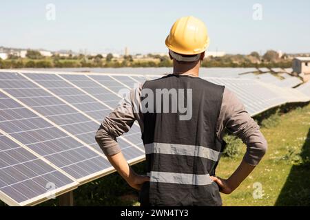 Vue arrière de l'ingénieur masculin avec des bras akimbo regardant des panneaux solaires dans le champ Banque D'Images