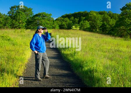 L'observation des oiseaux le long du sentier du souvenir riche Villa Principe Giovanni, Baskett Slough National Wildlife Refuge, Oregon Banque D'Images