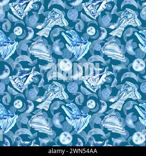 Aquarelle motifs sans couture avec des icebergs bleus et des lunes magiques pour modèle, clipart pour les vacances d'hiver, jour de la Terre, Marine et vie océanique, pour la ferraille Banque D'Images