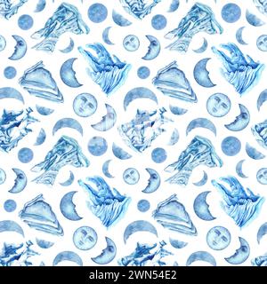 Aquarelle motifs sans couture avec des icebergs bleus et des lunes magiques pour modèle, clipart pour les vacances d'hiver, jour de la Terre, Marine et vie océanique, pour la ferraille Banque D'Images