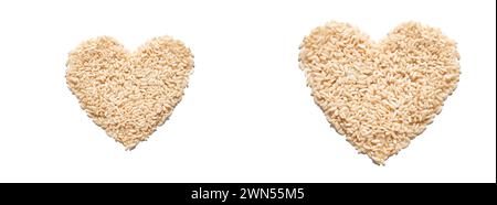 Un tas de riz en forme de cœur, symbolisant l'amour, l'unité et l'espoir. Les céréales, diversifiées et saines, reflètent la solidarité mondiale. Soins, santé et nutrition, favorisant un sentiment d'harmonie et de charité. Banque D'Images