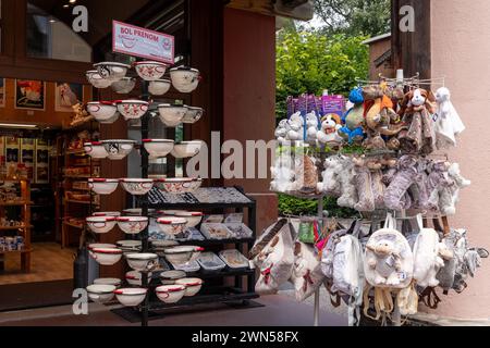 Divers articles exposés à vendre devant une boutique de souvenirs dans le centre de Chamonix, célèbre station de ski des Alpes françaises, haute Savoie, France Banque D'Images