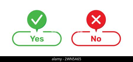 Symboles correct et incorrect avec les boutons Oui et non en vert et rouge. Boutons Oui et non avec symboles corrects et incorrects. Case à cocher avec une coche et une croix Illustration de Vecteur