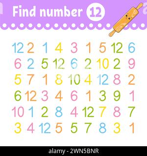 Rechercher un numéro. Feuille de travail de développement de l'éducation. Page d'activité avec photos. Jeu pour enfants. Drôle de personnage. style dessin animé. Illustration vectorielle. Illustration de Vecteur