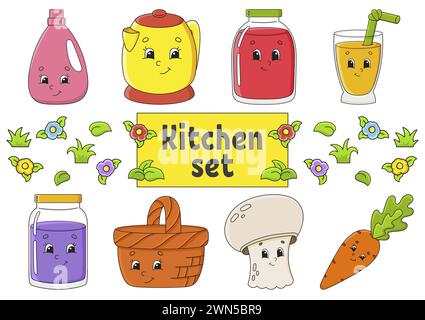 Ensemble d'autocollants avec des personnages de dessin animé mignons. Dessiné à la main. Pack coloré. Collection de badges patch pour enfants. Pour planificateur quotidien, organisateur, agenda. Vecteur Illustration de Vecteur