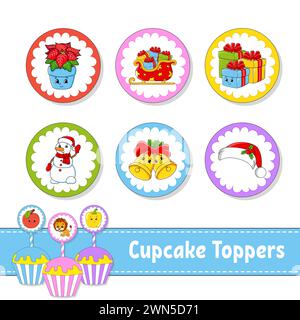 Garnitures pour cupcakes. Ensemble de six photos rondes. personnages de dessins animés. Image mignonne. Pour l'anniversaire, baby shower. Isolé sur fond blanc. Illustration vectorielle Illustration de Vecteur