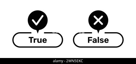 Symboles corrects et erronés avec les boutons vrai et faux de couleur noire. Boutons vrai et faux avec symboles correct et incorrect. Icône de case à cocher avec une croix. Illustration de Vecteur