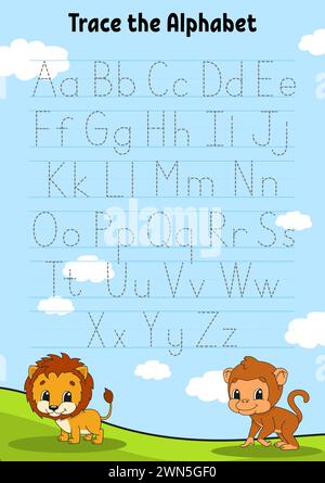 Écrire des lettres. Page de traçage. Fiche d'entraînement. Feuille de travail pour enfants. Apprenez l'alphabet. Personnage mignon. Style dessin animé. Illustration vectorielle. Illustration de Vecteur