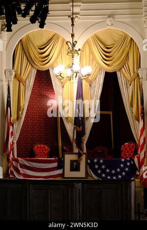 Une vue fermée de la boîte présidentielle d'Abraham Lincoln dans le théâtre Ford où le président Abraham Lincoln a été assassiné le 14 avril 1865.Washington DC.USA Banque D'Images