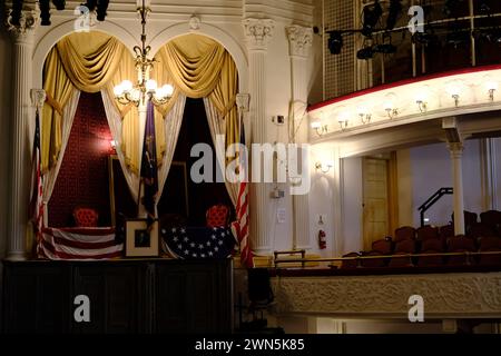 Une vue fermée de la boîte présidentielle d'Abraham Lincoln dans le théâtre Ford où le président Abraham Lincoln a été assassiné le 14 avril 1865.Washington DC.USA Banque D'Images