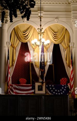 Une vue fermée de la boîte présidentielle d'Abraham Lincoln dans le théâtre Ford où le président Abraham Lincoln a été assassiné le 14 avril 1865.Washington DC.USA Banque D'Images