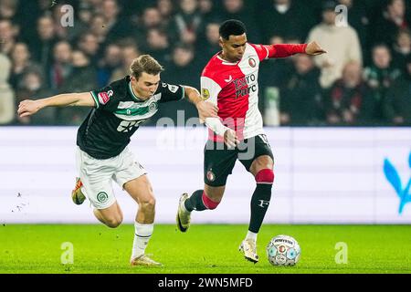 Rotterdam, pays-Bas. 29 février 2024. Rotterdam - Jorg Schreuders du FC Groningen, Marcos Lopez de Feyenoord lors de la rencontre Feyenoord contre FC Groningen au Stadion Feijenoord de Kuip le 29 février 2024 à Rotterdam, pays-Bas. Crédit : Box to Box Pictures/Alamy Live News Banque D'Images