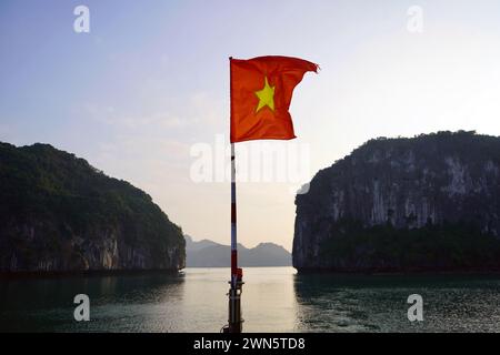 Drapeau vietnamien avec des falaises de calcaire comme arrière-plan Banque D'Images