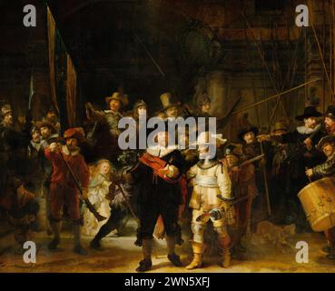 Rembrandt - Compagnie de milice du district II sous le commandement du capitaine Frans Banninck Cocq, connue sous le nom de «veille de nuit» (1642) Banque D'Images