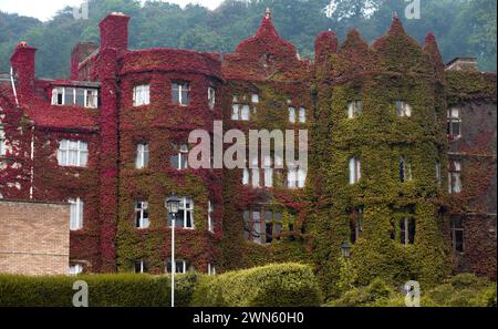 05/09/14 Une superbe exposition de couleurs d'automne sur une crampon de virginie a grandi sur les murs et sur le toit de l'Abbey Hotel Great Malvern, Worc Banque D'Images