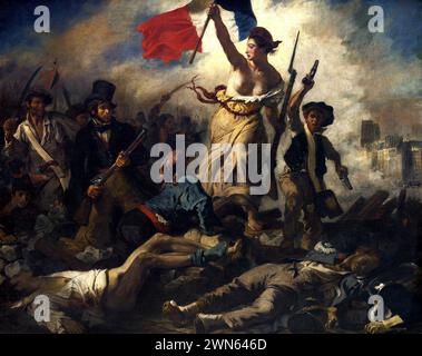 Peinture d'histoire romantique. Commémore la Révolution française de 1830 (Révolution de juillet) le 28 juillet 1830. Liberté dirigeant le peuple Eugène Delacroix Banque D'Images