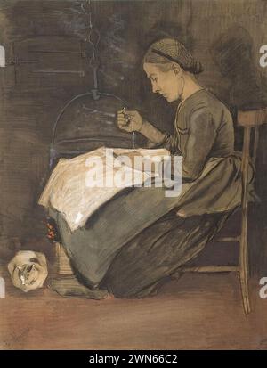 Van Gogh Vincent - femme coudre et chat,dessin (1881) Banque D'Images