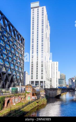 L'immeuble d'appartements Trinity Riverside et l'immeuble de bureaux No.4 New Bailey (à gauche), au-dessus de la rivière Irwell, Salford, Manchester, Angleterre, Royaume-Uni Banque D'Images