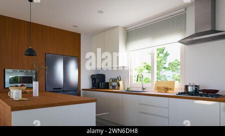 Intérieur de cuisine minimal et propre avec une combinaison de couleurs blanches et en bois. rendu 3d. Banque D'Images