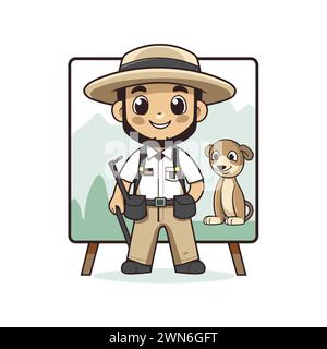 Garçon mignon dans la tenue de safari avec chien sur l'illustration vectorielle de chevalet Illustration de Vecteur