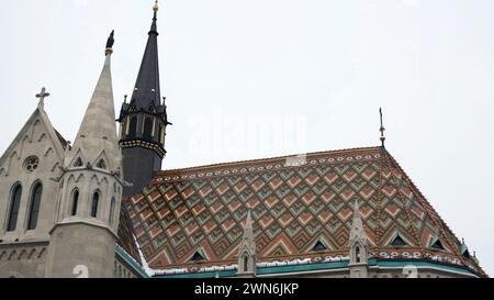 Détail du toit de l'église Mathias en style gothique à Budapest, Hongrie Banque D'Images