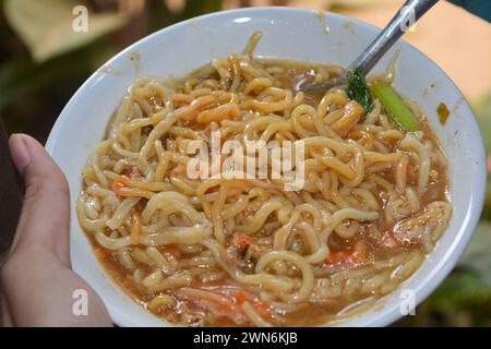 Gros plan de nouilles de poulet dans un bol, nouilles Banque D'Images