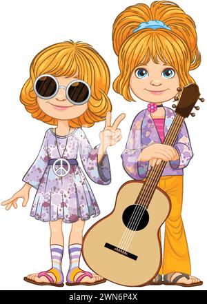Deux filles de dessin animé dans des tenues rétro avec une guitare. Illustration de Vecteur