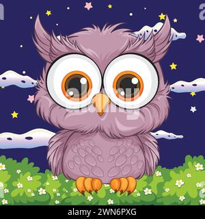 Adorable hibou illustration avec des étoiles et des nuages Illustration de Vecteur