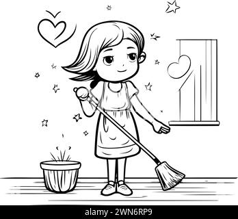 Jolie fille de dessin animé nettoyant la maison avec un balai. Illustration vectorielle. Illustration de Vecteur