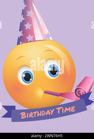 Composite de texte d'heure d'anniversaire sur emoji dans chapeau de fête sur fond violet Banque D'Images