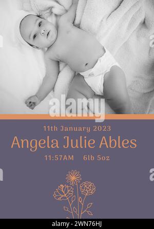 Composition d'angela julie peut texte avec date de naissance sur bébé caucasien sur fond gris Banque D'Images