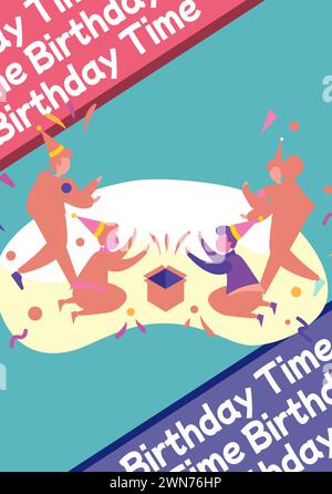 Composite du texte de l'heure d'anniversaire sur les personnes faisant la fête sur fond bleu Banque D'Images