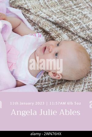 Composition d'angela julie peut texte avec date de naissance sur bébé caucasien sur fond rose Banque D'Images