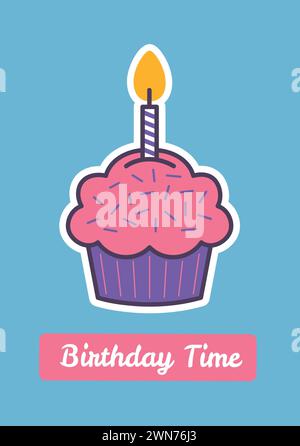 Composite de texte d'heure d'anniversaire sur cupcake avec bougie sur fond bleu Banque D'Images