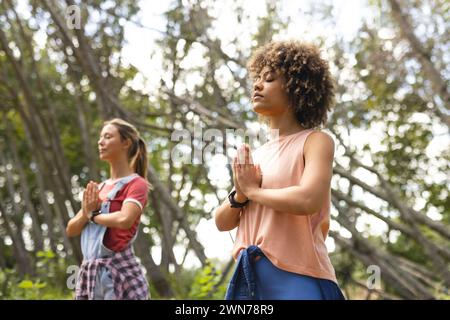 Deux femmes pratiquent le yoga dans un cadre forestier serein Banque D'Images