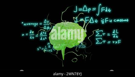 Image du cerveau humain et traitement de données mathématiques sur fond noir Banque D'Images
