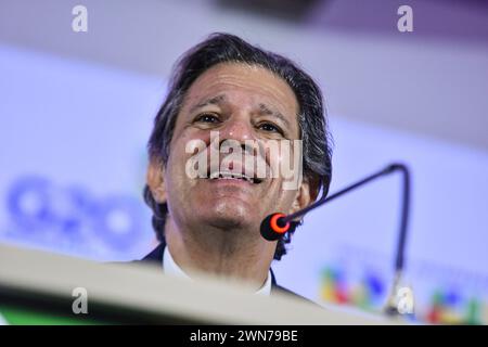 São PAULO, SP - 29.02.2024 : G20 BRASIL TRILHA DE FINANÇAS SP - Fernando Haddad Ministre des Finances du Brésil, lors d'une conférence de presse sur le G20 Brésil, à Ibirapuera Park, SP, ce jeudi (29). (Photo : Roberto Casimiro/Fotoarena) Banque D'Images