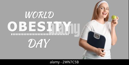 Femme en surpoids avec des écailles et pomme sur fond gris. Bannière pour la Journée mondiale de l'obésité Banque D'Images