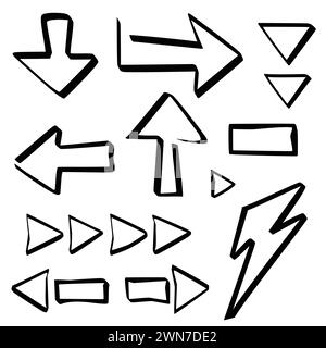 Ensemble vectoriel de flèches audacieuses courbes abstraites . Pointeurs vides et tordus dessinés à la main. Eléments de lignes tracées à l'encre isolés pour la conception. Illustration de Vecteur