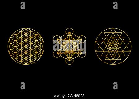 Symboles d'or de géométrie sacrée sur fond noir. Sri Yantra, Fleur de vie, Cube de Metatron. Banque D'Images