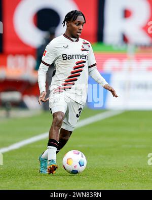 Heidenheim, Allemagne. 17 février 2024. firo : 17/02/2024, football, football, 1ère ligue, 1ère Bundesliga, saison 2023/2024, 22e journée 1.FC Heidenheim - Bayer 04 Leverkusen 1:2, Jeremie Frimpong, Bayer 04 Leverkusen, Bayer 04, Leverkusen, Bayer, action individuelle, crédit : dpa/Alamy Live News Banque D'Images