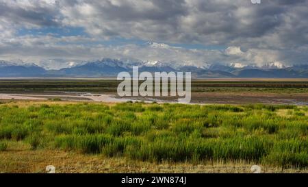 Vue de paysage du pic Lénine aka Ibn Sina pic dans la chaîne de montagnes TRANS-Alay ou TRANS-Alai enneigée dans le sud du Kirghizistan avec la rivière Kyzyl Suu Banque D'Images