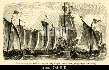 Europa, Deutschland , Originaltext : Brandenburgische Überfahrtsflotte nach Rügen ( Eroberung von Rügen ) , nach einer gleichzeitigen Darstellung , Motiv aus : ' Das Buch von der Deutschen flotte ' , von R. Werner, Verlag von Velhagen & Klasing, Bielefeld und Leipzig , 1880 . / Europe, Allemagne, texte original : Brandebourg passage de la marine à Rügen ( conquête de Rügen ) , image de : ' Das Buch von der Deutschen flotte ' ( le livre de la marine allemande ) , par R. Werner, maison d'édition Velhagen et Klasing, Bielefeld et Leipzig , 1880 . Banque D'Images