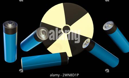 rendu 3d du symbole nucléaire incandescent et des batteries. Banque D'Images