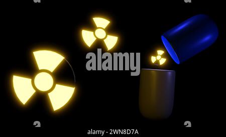 3d rendu des produits radiopharmaceutiques, ce sont des médicaments radioactifs ou des radio-isotopes. Ces médicaments peuvent être administrés par voie orale sous forme de pilule. Banque D'Images